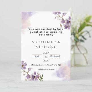 White Paars Floral Wedding Invitation Kaart