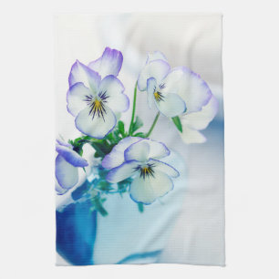White Paars Pansies Flowers Blue Vase Floral Theedoek