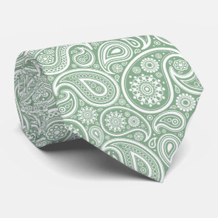 White  Paisley Pattern Muted Green Back Stropdas