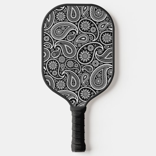 White  Paisley Pattern on Black Pickleball Paddle (Voorkant)