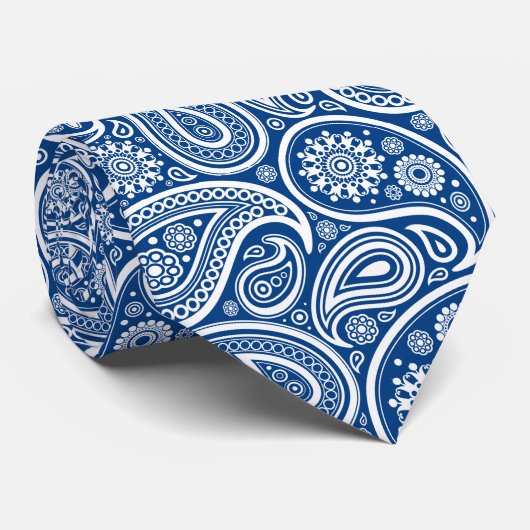 White  Paisley Pattern Royal Blue Stropdas (Opgerold)