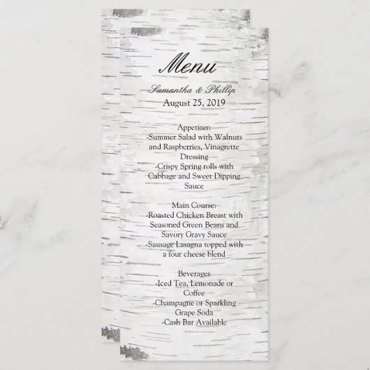 White Paper Birch Tree Bark Rustic Wood Wedding Menu (Voorkant / Achterkant)