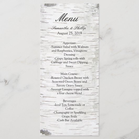 White Paper Birch Tree Bark Rustic Wood Wedding Menu (Voorkant)
