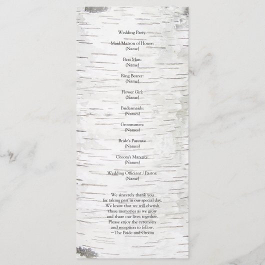 White Paper Birch Tree Bark Rustic Wood Wedding Programma (Achterkant)