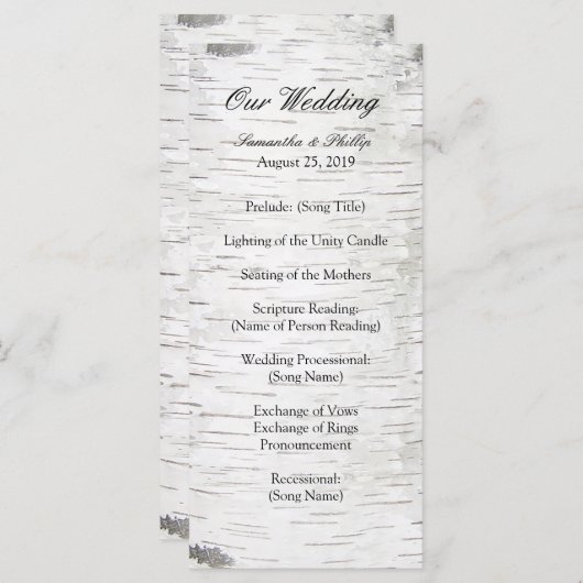 White Paper Birch Tree Bark Rustic Wood Wedding Programma (Voorkant / Achterkant)
