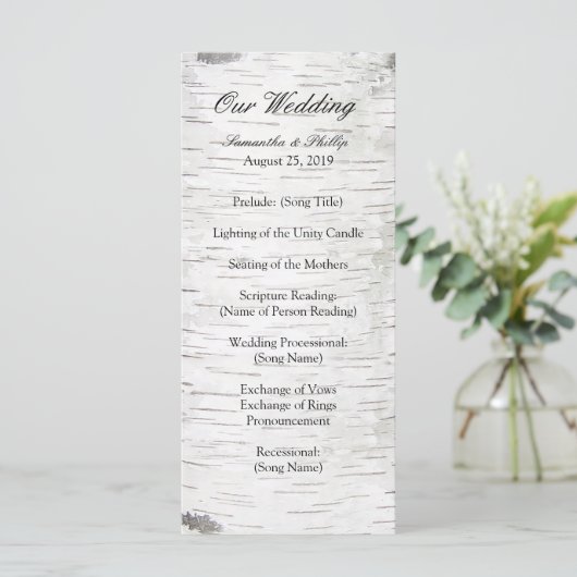 White Paper Birch Tree Bark Rustic Wood Wedding Programma (Staand voorkant)