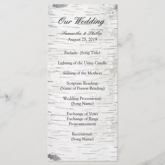 White Paper Birch Tree Bark Rustic Wood Wedding Programma (Voorkant)