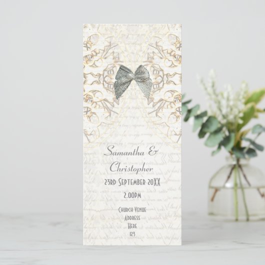 White parchment lace damask Church bruiloft progra Programma (Staand voorkant)
