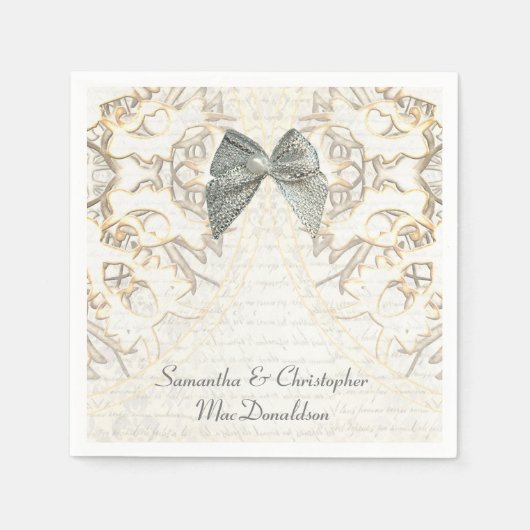 White parchment lace old damask bruiloft servetten (Voorkant)