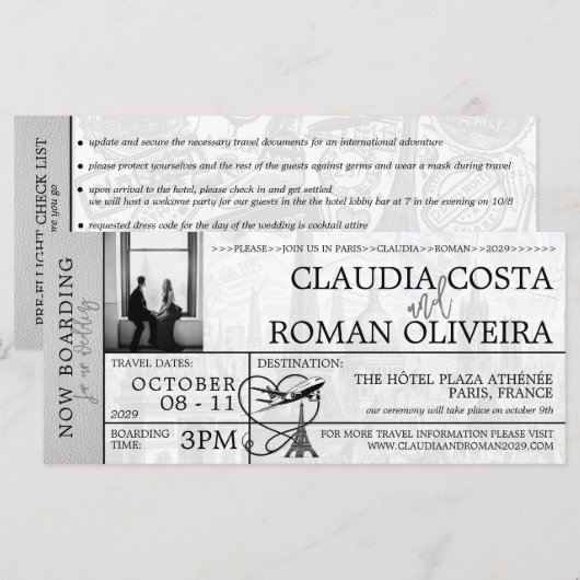 White Paris bruiloft instapkaart uitnodiging (Voorkant / Achterkant)