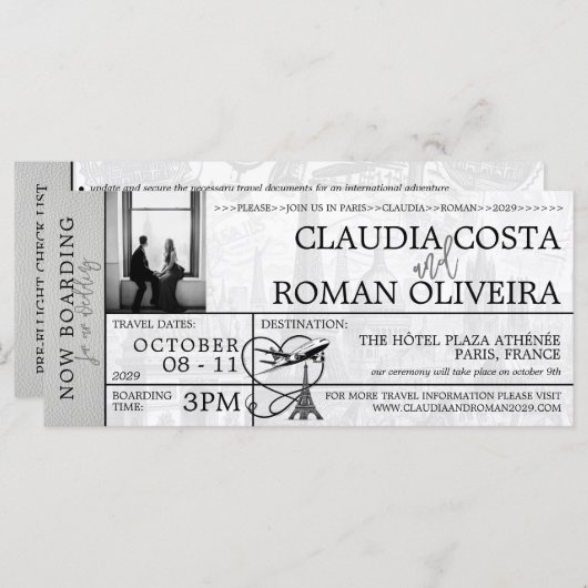 White Paris Mariage Boarding Pass Invitation (Devant / Derrière)