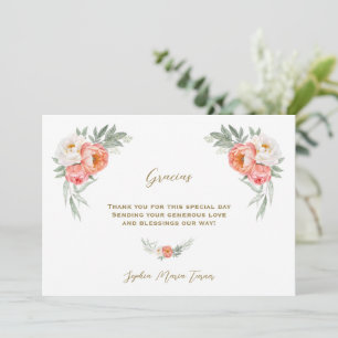 White Peach Flowers Spain Gracias Baby shower Bedankkaart