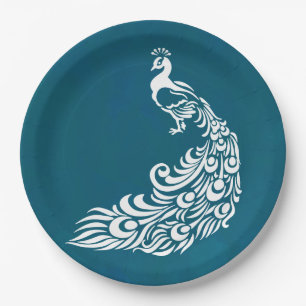 White Peacock on Blauwgroen Chic Stylish Art Deco Papieren Bordje