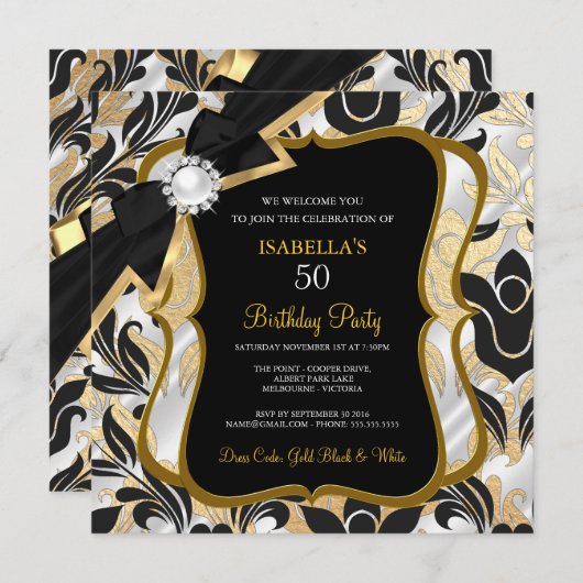 White Pearl Gold Bow Black Damask Invitation d'ann (Devant / Derrière)
