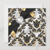 White Pearl Gold Bow Black Damask Invitation d'ann (Dos)