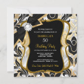 White Pearl Gold Bow Black Damask Invitation d'ann (Devant)