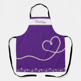 White Pearl Heart op Paarse gepersonaliseerd Schort