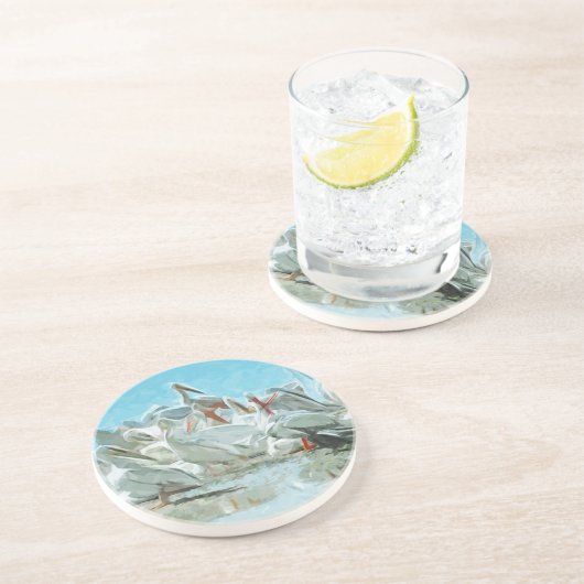 White Pelicans and Black Friend Abstract Zandsteen Onderzetter (Zijkant)