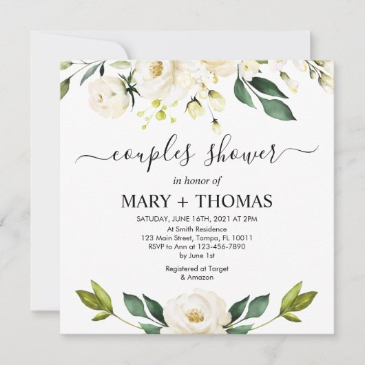 White Peonies Foliage Couples Shower Kaart (Voorkant)