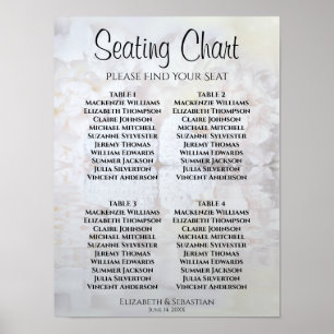 White Peonies Hearts 4 Table Wedding Seating Chart Poster