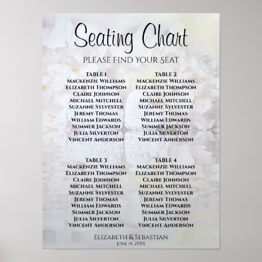 White Peonies Hearts 4 Table Wedding Seating Chart Poster (Voorkant)