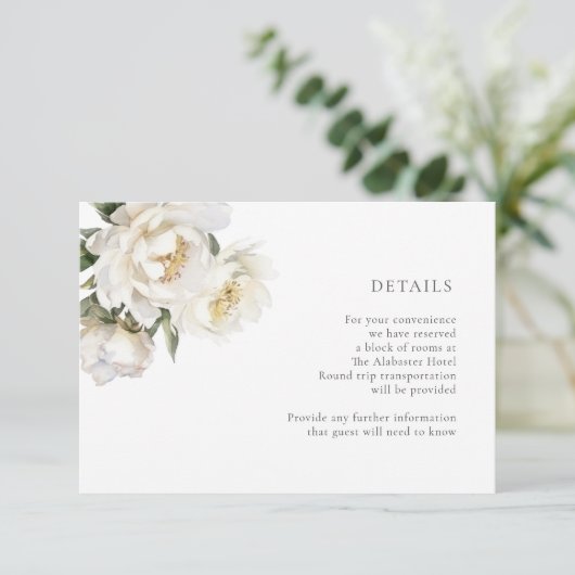 White Peonies Wedding Details Kaart (Staand voorkant)