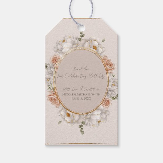 White Peony & Blush Rose Floral Wedding  Cadeaulabel (Voorkant)