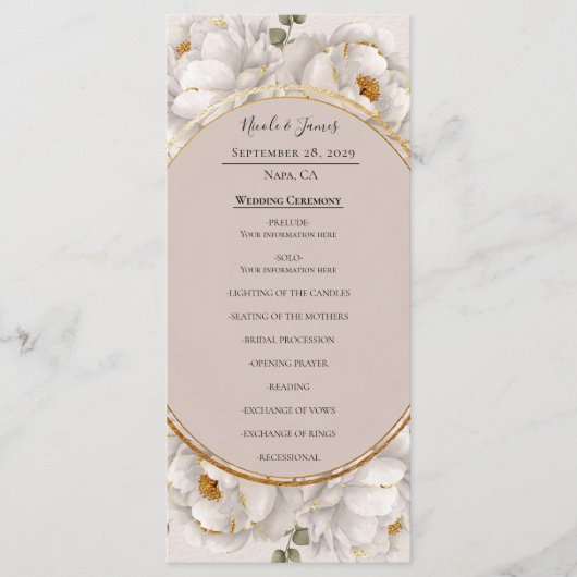 White Peony & Blush Rose Floral Wedding Program Menu (Voorkant)
