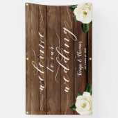 White Peony Calligraphy Wood Welkom op onze bruilo Spandoek (Verticaal)