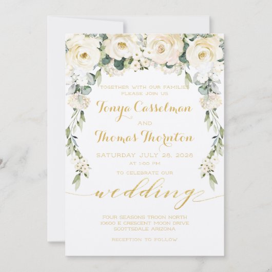 White Peony Epiphany Wedding Gold Calligraphy Kaart (Voorkant)
