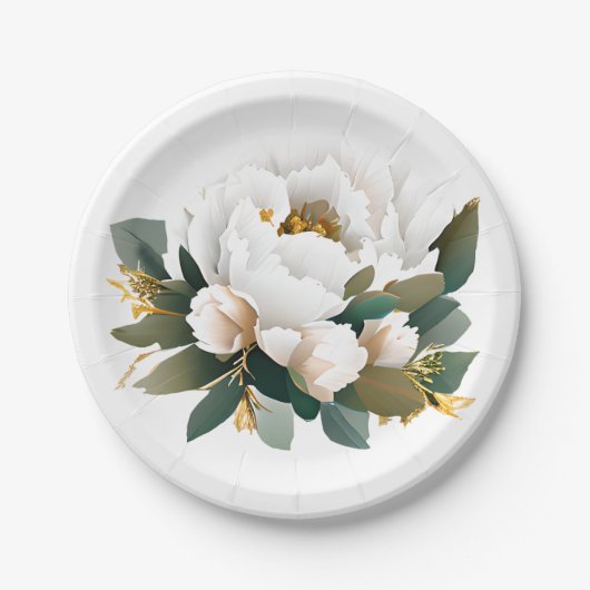 White Peony Eucalyptus Gold Flower Papieren Bordje (Voorkant)