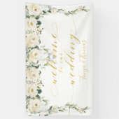 White Peony Fancy Gold Calligraphy Welkom Spandoek (Verticaal)