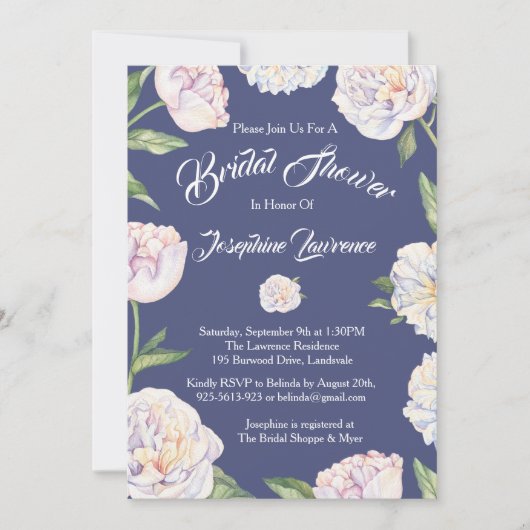 White Peony Floral Blue Douche nuptiale invitation (Devant)