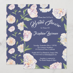 White Peony Floral Blue Douche nuptiale invitation