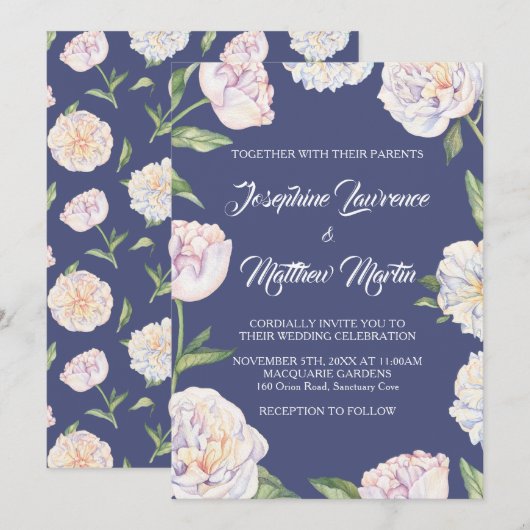 White Peony Floral Blue Wedding Invitations (Devant / Derrière)