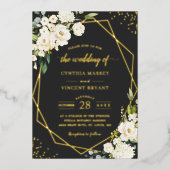 White Peony Floral Gold Geometric Wedding Folie Uitnodiging (Voorkant)