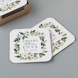 White Peony Floral Lijst "Cheers to Love" Wedding Vierkante Kartonnen Onderzetter