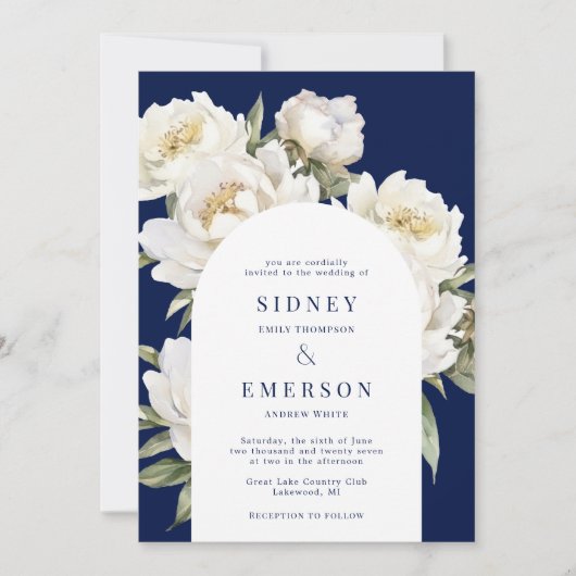 White Peony Floral Navy Mariage Arch Invitation (Devant)