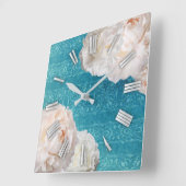 White Peony Flowers on Turquoise Damask Pattern Vierkante Klok (Hoek)
