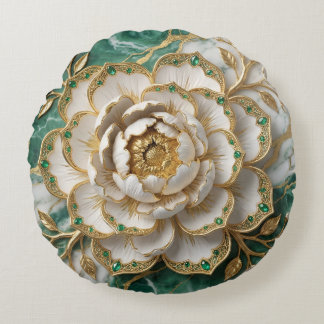 White Peony Gold Filigre Emerald Luxury Floral Art Rond Kussen