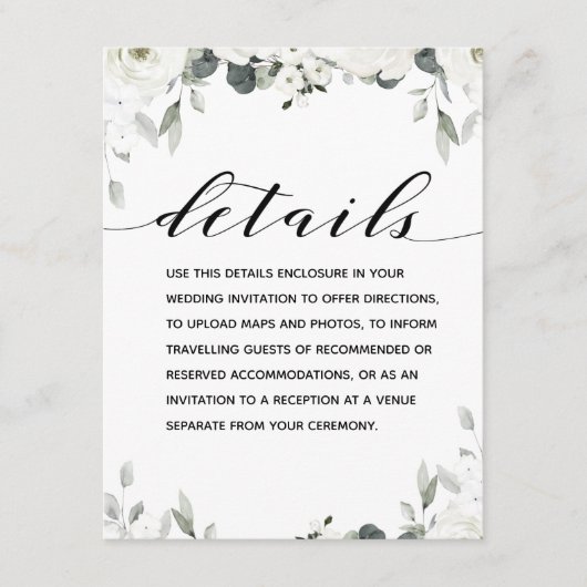 White Peony Greenery Wedding Details Informatiekaartje (Voorkant)