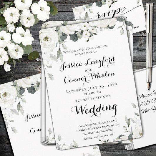 White Peony Greenery Wedding Invitation Kaart