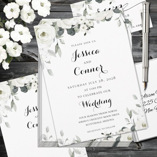White Peony Greenery Wedding Invitation Kaart