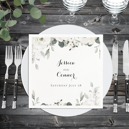White Peony Greenery Wedding Square Cocktail Servet