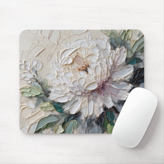 White Peony Impasto Art Muismat (Met muis)