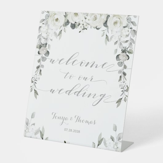 White Peony Silver Eucalyptus Welcome Weddenschap Reclamebord Met Voetstuk (Voorkant)