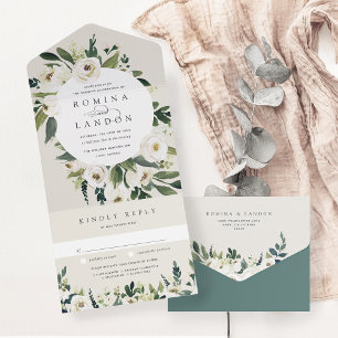 White Peony Waterverf Floral Lijst Wedding All In One Uitnodiging