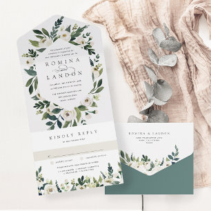 White Peony Waterverf Floral Lijst Wedding All In One Uitnodiging