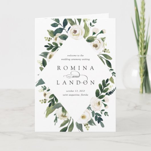 White Peony | Waterverf Floral Lijst Wedding Programma (Voorkant)