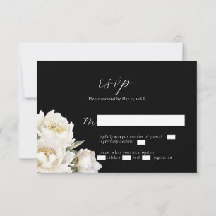 White Peony Wedding Black RSVP Card Kaartje